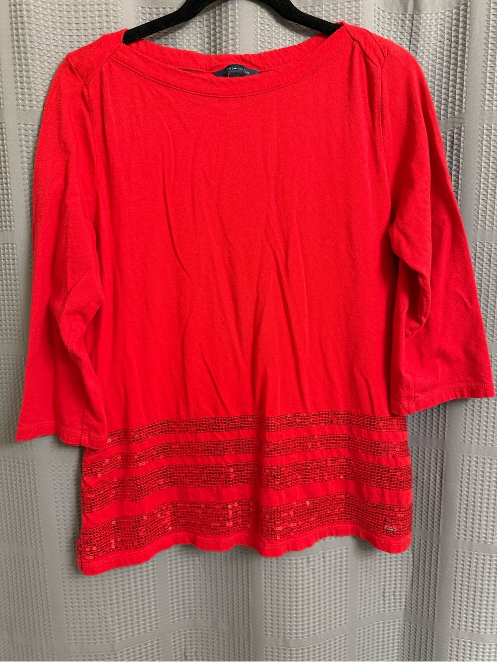 Tommy Hilfiger Bright Red Boatneck Knit Tunic with Sequin Hem Stripes